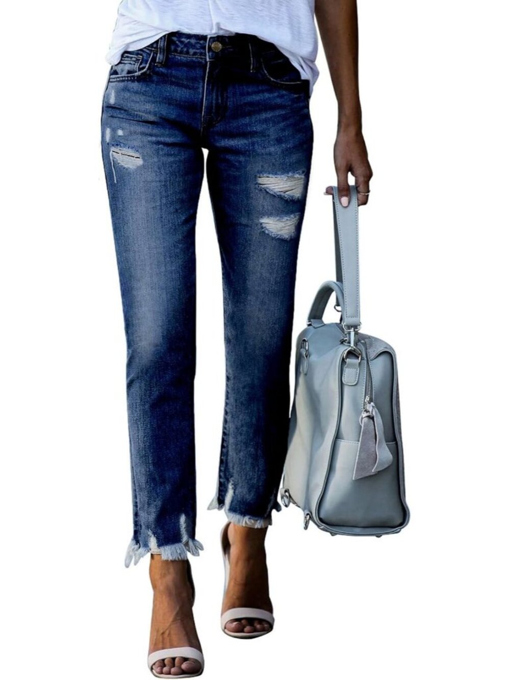 Women's Navy Blue Flat Front Distressed Y2k Pull On High Waisted Ankle Jeans